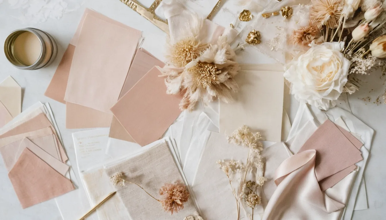 Hochzeitsplanung mit Moodboard, Stoffen und Blumen in Champagnertönen