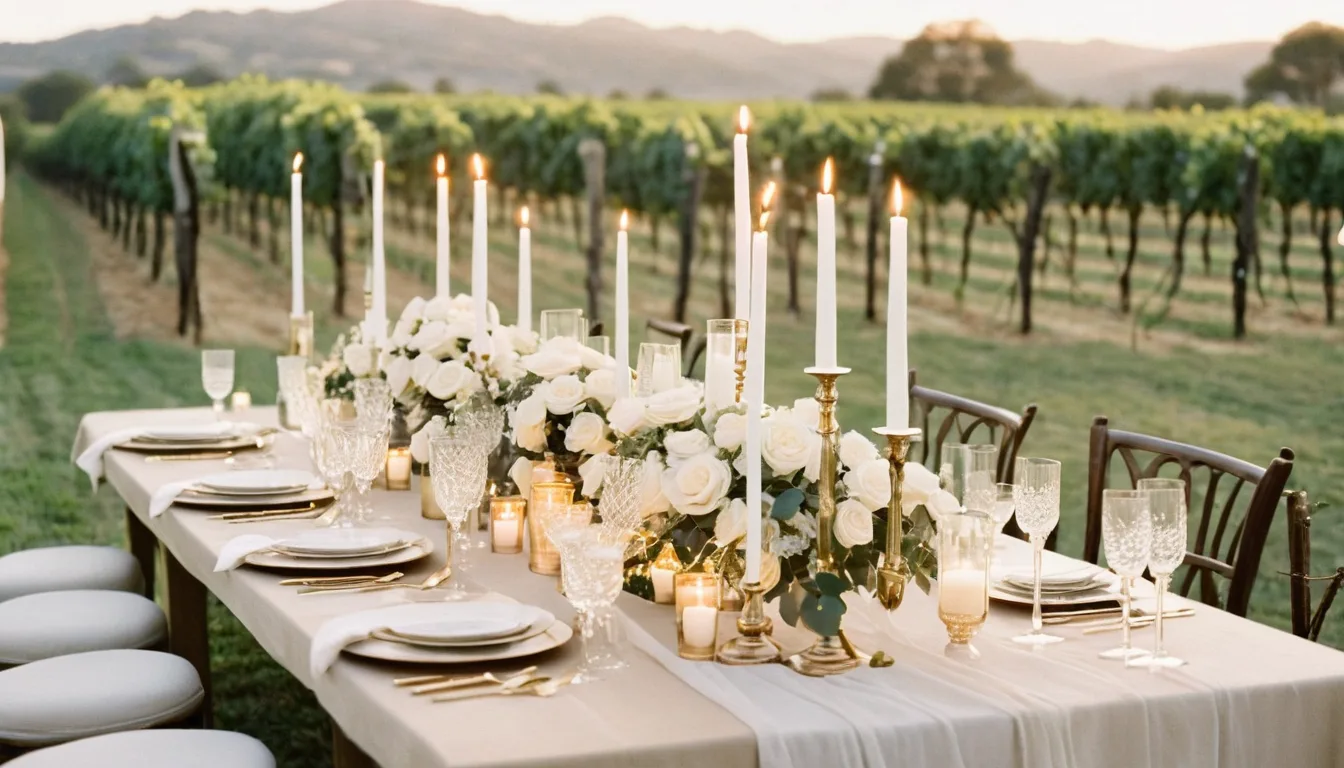 Elegant gedeckte Hochzeitstafel im Freien mit Kerzen, Blüten und Champagnertönen